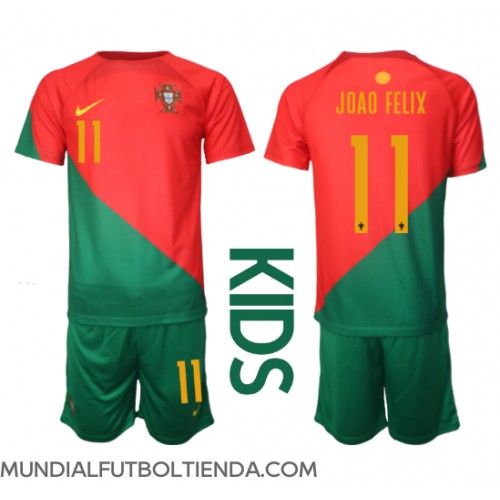 Camiseta Portugal Joao Felix #11 Primera Equipación Replica Mundial 2022 para niños mangas cortas (+ Pantalones cortos)